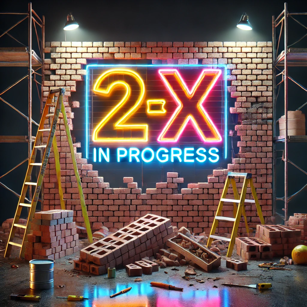 A brick wall being built at night, with a neon sign that reads '2x' in progress. The scene is illuminated by the glowing neon sign, casting colorful reflections on the surrounding bricks and construction materials. The digital art style should emphasize the contrast between the dark night sky and the bright, vibrant neon sign. Construction tools and scaffolding can be seen around the wall.