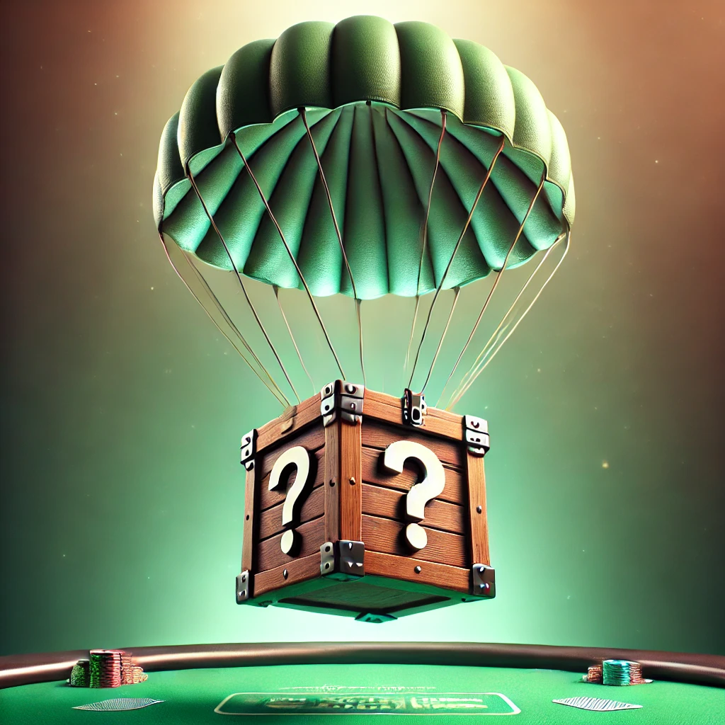 Mystery Bounty poker tournament. Mystery prize box falling from the sky with a parachute. 